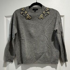 J. Crew Gray Crewneck Sweater with Jeweled Floral Embellishments